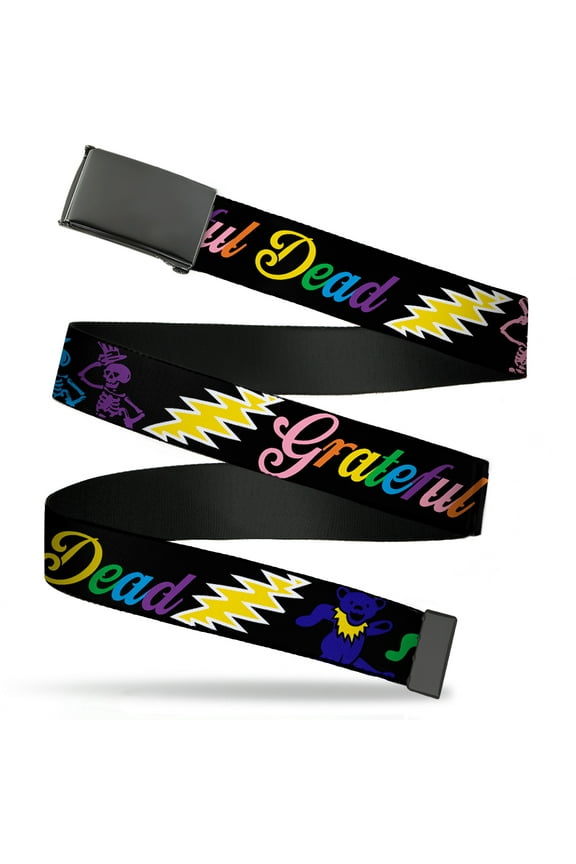 Adjustable Belt, Clamp Buckle, Cut-to-Fit, Grateful Dead Script Bears Skeletons Black Multi Color