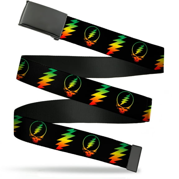 Adjustable Belt, Clamp Buckle, Cut-to-Fit, Steal Your Face Lightning Bolt Repeat Black Rasta