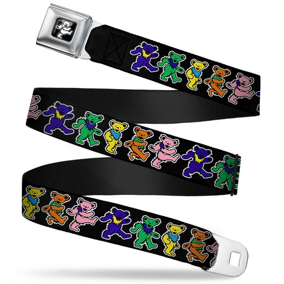 Grateful Dead Belt, Seatbelt Buckle Belt, Dancing Bears Black Multi Color, 34 to 52 Inches