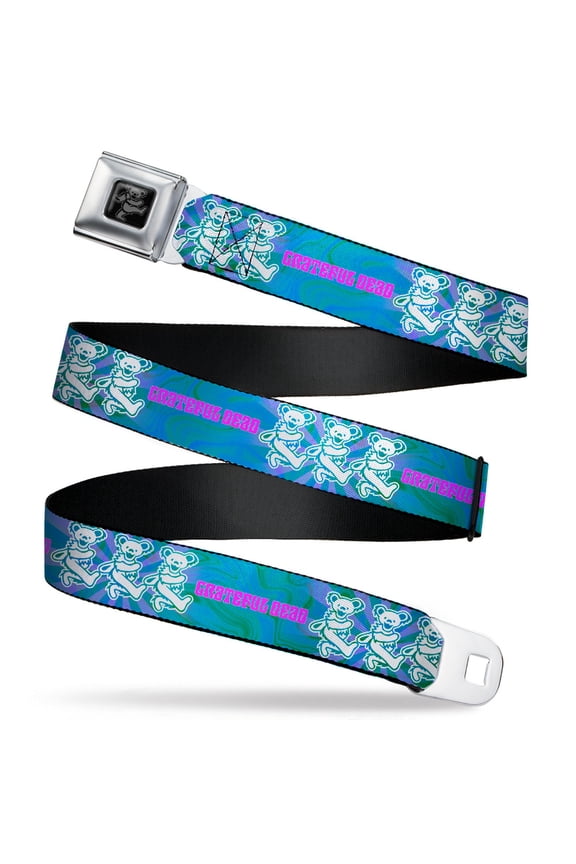 Grateful Dead Belt, Seatbelt Buckle Belt, Grateful Dead Dancing Bear Trio Rays Swirl Blue Purple Pink, 30 to 44 Inches