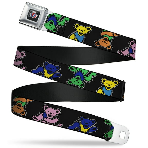 Grateful Dead Belt, Seatbelt Buckle Belt, Grateful Dead Dancing Bears Close Up Black Multi Color, 34 to 52 Inches