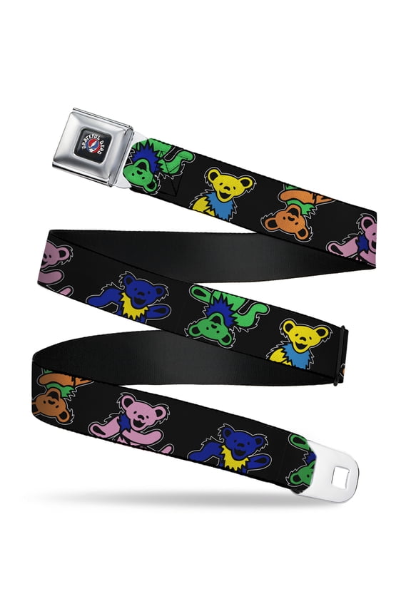Grateful Dead Belt, Seatbelt Buckle Belt, Grateful Dead Dancing Bears Close Up Black Multi Color, Youth 22 to 32 Inches