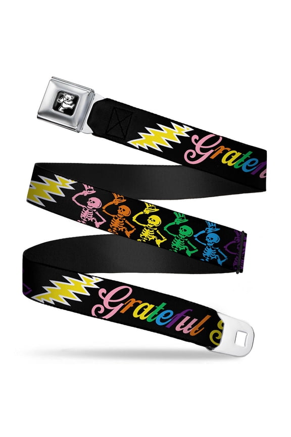 Grateful Dead Belt, Seatbelt Buckle Belt, Grateful Dead Script Bears Skeletons Black Multi Color, Youth 22 to 32 Inches