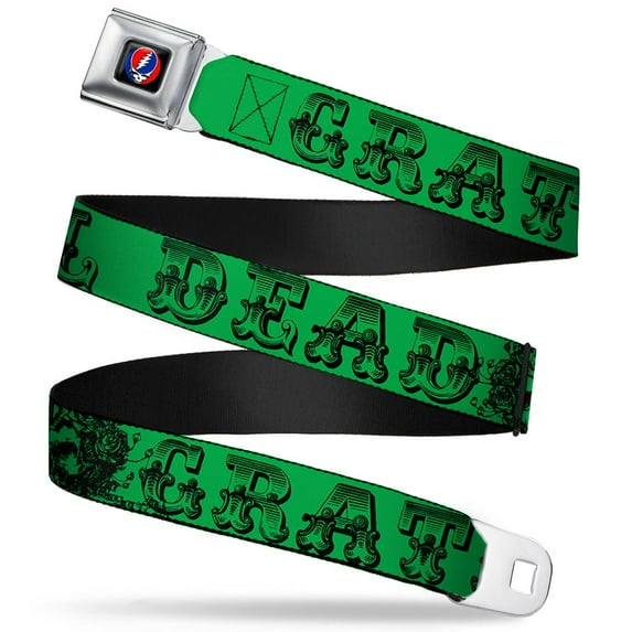 Grateful Dead Belt, Seatbelt Buckle Belt, Grateful Dead Text Skull Roses Green, 30 to 44 Inches