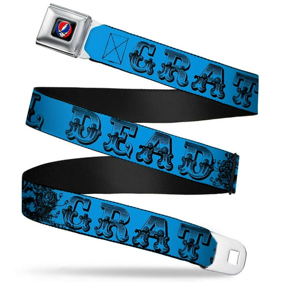 Grateful Dead Belt, Seatbelt Buckle Belt, Grateful Dead Text Skull Roses Turquoise, Youth 22 to 32 Inches