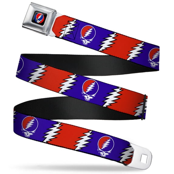 Grateful Dead Belt, Seatbelt Buckle Belt, Steal Your Face Lightning Bolt Repeat Red White Blue, 34 to 52 Inches