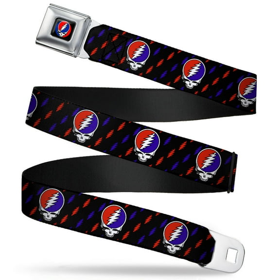 Grateful Dead Belt, Seatbelt Buckle Belt, Steal Your Face Mini Lightning Bolt Black Red White Blue, 30 to 44 Inches