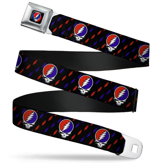 Grateful Dead Belt, Seatbelt Buckle Belt, Steal Your Face Mini Lightning Bolt Black Red White Blue, Youth 22 to 32 Inches