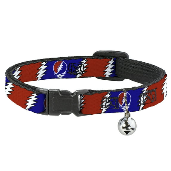 Grateful Dead Breakaway Cat Collar With Bell, Plastic Clip, Easy Adjustable, Steal Your Face Lightning Bolt Repeat Red White Blue, 8.5 to 12 Inches 0.5 Inch Wide