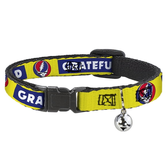 Grateful Dead Cat Collar, Breakaway Collar with Bell, Grateful Dead Text Box and Steal Your Face Logo Yellow/Blue, 8.5 to 12 Inches 0.5 Inch Wide