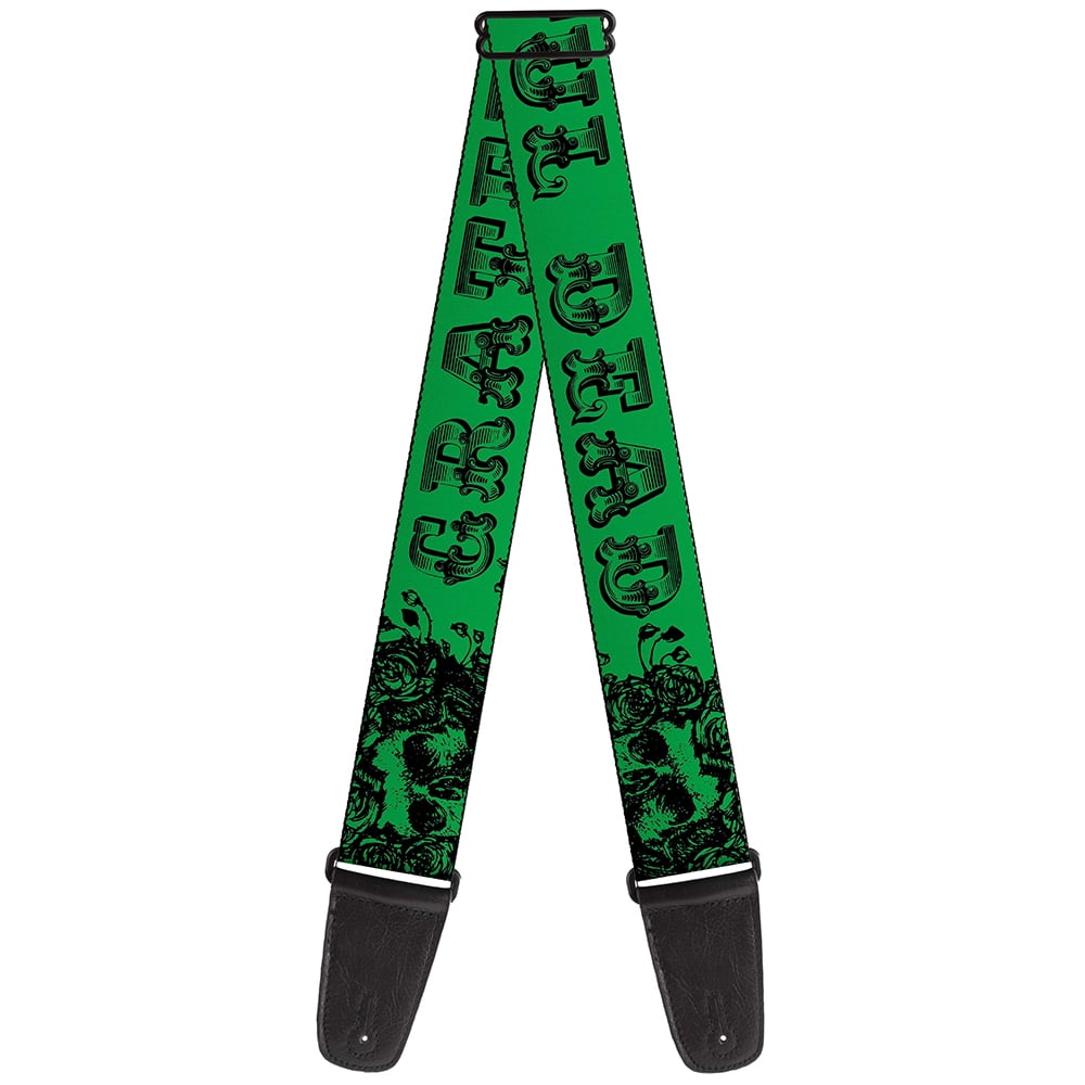 Grateful Dead Guitar Strap, Grateful Dead Text Skull Roses Green, 2 Inches Wide