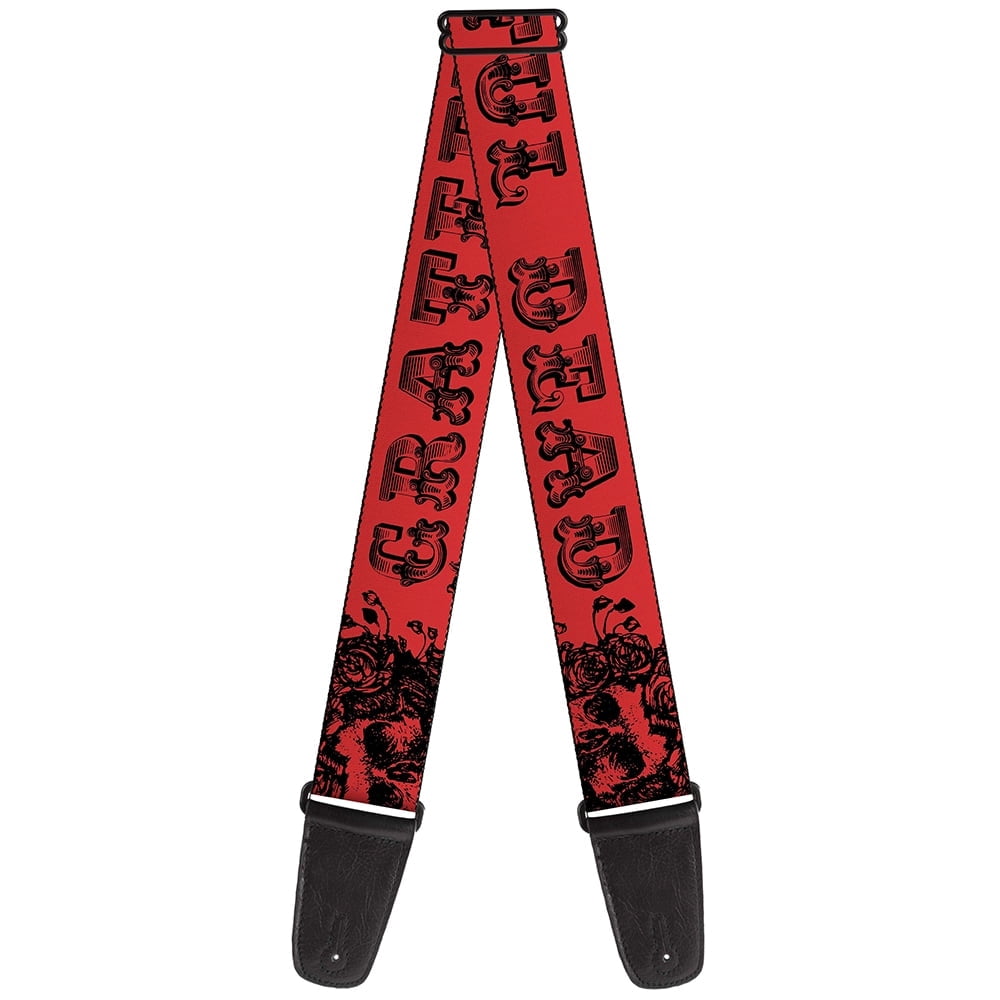 Grateful Dead Guitar Strap, Grateful Dead Text Skull Roses Red, 2 Inches Wide