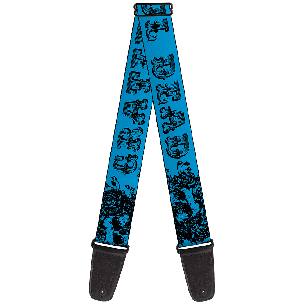 Grateful Dead Guitar Strap, Grateful Dead Text Skull Roses Turquoise, 2 Inches Wide