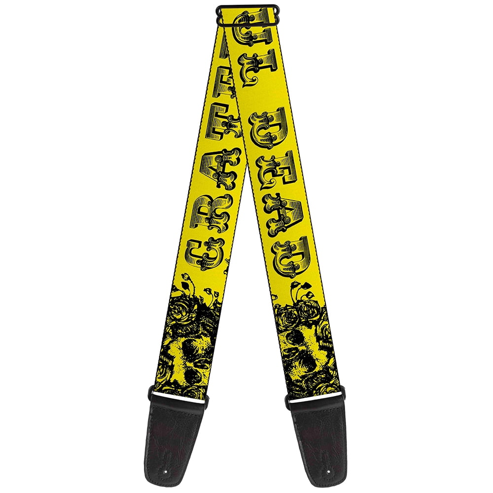Grateful Dead Guitar Strap, Grateful Dead Text Skull Roses Yellow, 2 Inches Wide