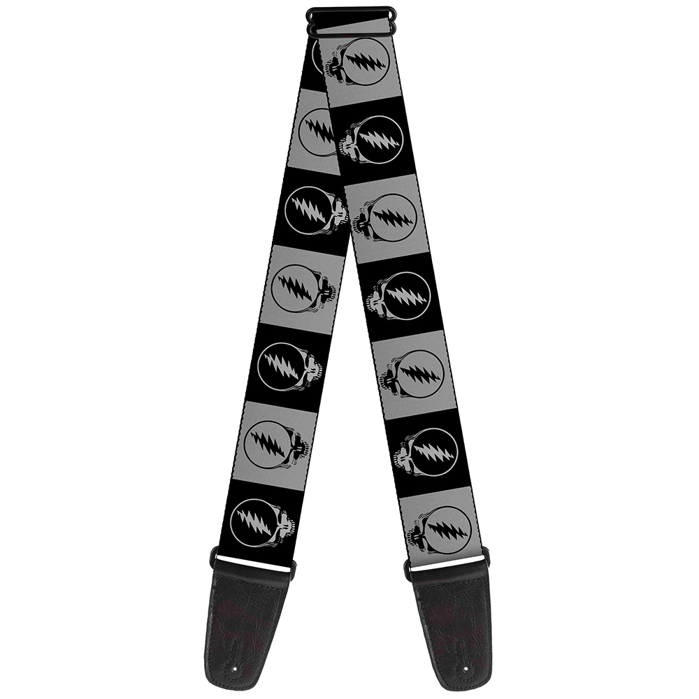 Grateful Dead Guitar Strap, Steal Your Face Blocks Black White Gray Black, 2 Inches Wide