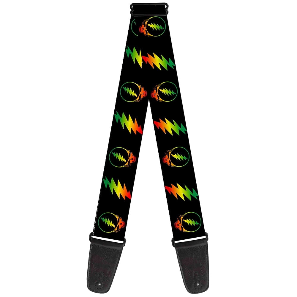 Grateful Dead Guitar Strap, Steal Your Face Lightning Bolt Repeat Black Rasta, 2 Inches Wide