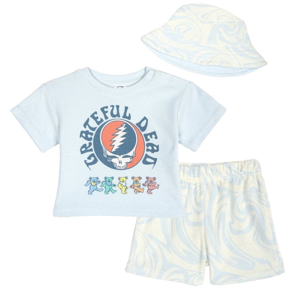 Grateful Dead Loop Terry Cloth Drop Shoulder T-Shirt, Shorts and Bucket Sun Hat 3 Piece Outfit Set Newborn to Little Kid