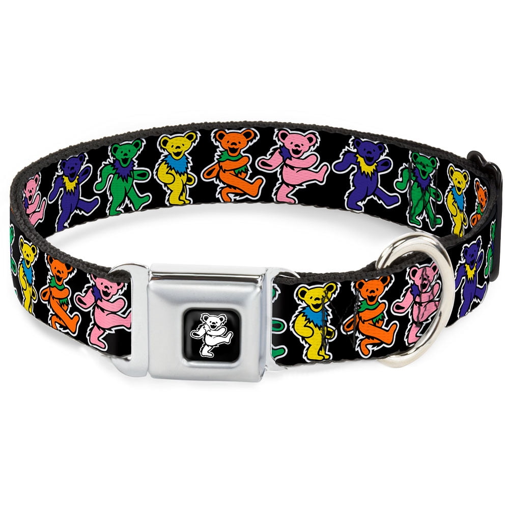 Grateful Dead Pet Collar, Dog Collar Metal Seatbelt Buckle, Dancing Bears Black Multi Color, 15 to 24 Inches 1.0 Inch Wide