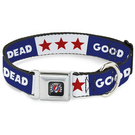 Grateful Dead Pet Collar, Dog Collar Metal Seatbelt Buckle, Good Ol Grateful Dead Text and Stars Blue White Red, 15 to 24 Inches 1.0 Inch Wide