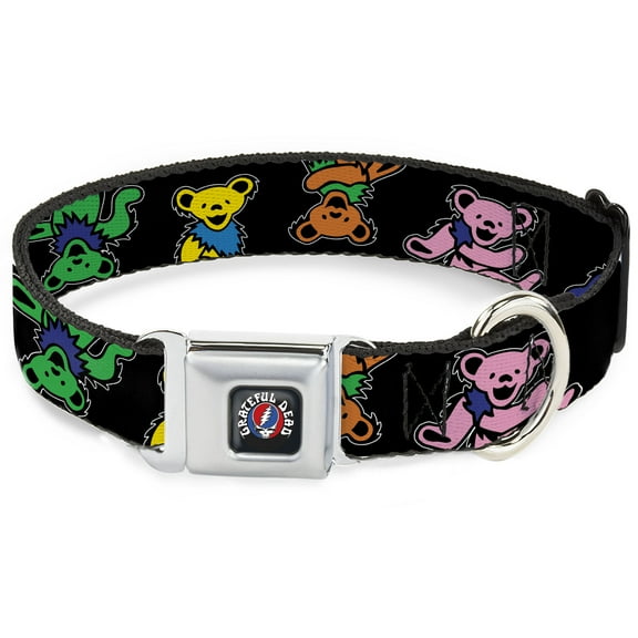 Grateful Dead Pet Collar, Dog Collar Metal Seatbelt Buckle, Grateful Dead Dancing Bears Close Up Black Multi Color, 9.5 to 13 Inches 1.0 Inch Wide