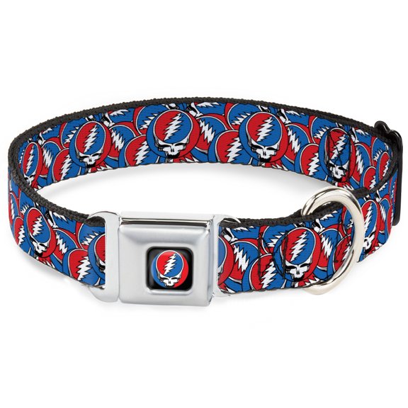 Grateful Dead Pet Collar, Dog Collar Metal Seatbelt Buckle, Grateful Dead Steal Your Face Logo Stacked Red White Blue, 9.5 to 13 Inches 1.0 Inch Wide