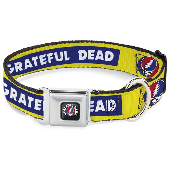 Grateful Dead Pet Collar, Dog Collar Metal Seatbelt Buckle, Grateful Dead Text Box and Steal Your Face Logo Yellow/Blue, 11 to 16.5 Inches 1.0 Inch Wide