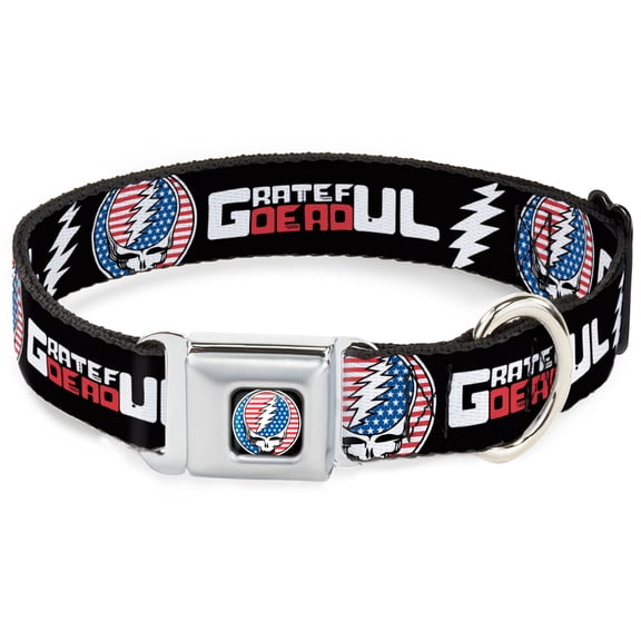 Grateful Dead Pet Collar, Dog Collar Metal Seatbelt Buckle, Grateful Dead Text and Steal Your Face Stars and Stripes Logo, 15 to 24 Inches 1.0 Inch Wide