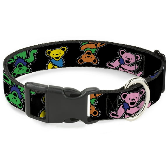Grateful Dead Pet Collar, Dog Collar Plastic Buckle, Grateful Dead Dancing Bears Close Up Black Multi Color, 7 to 8.5 Inches 0.5 Inch Wide