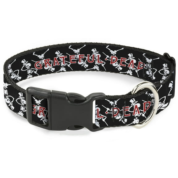 Grateful Dead Pet Collar, Dog Collar Plastic Buckle, Grateful Dead Dancing Skeletons and Text Black White Red, 9.5 to 13 Inches 1.0 Inch Wide