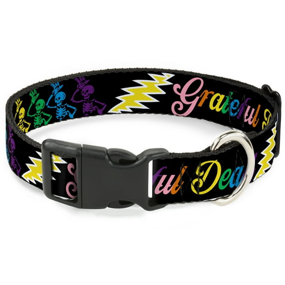 Grateful Dead Pet Collar, Dog Collar Plastic Buckle, Grateful Dead Script Bears Skeletons Black Multi Color, 20 to 31 Inches 1.5 Inch Wide