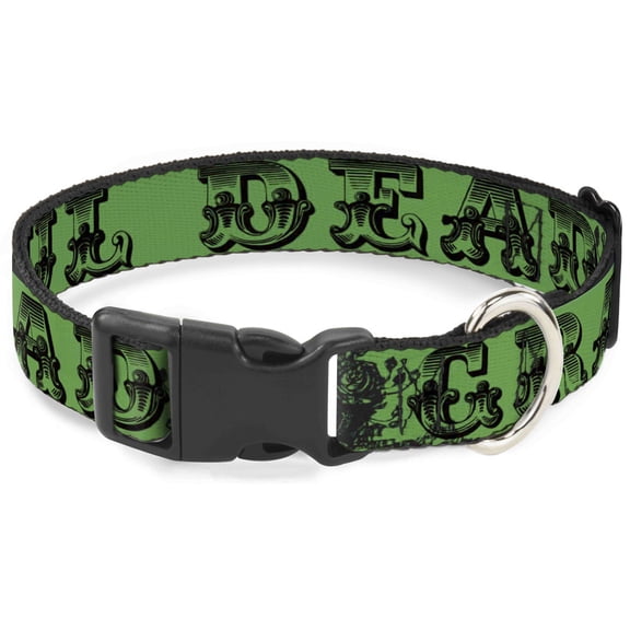 Grateful Dead Pet Collar, Dog Collar Plastic Buckle, Grateful Dead Text Skull Roses Green, 9.5 to 13 Inches 1.0 Inch Wide