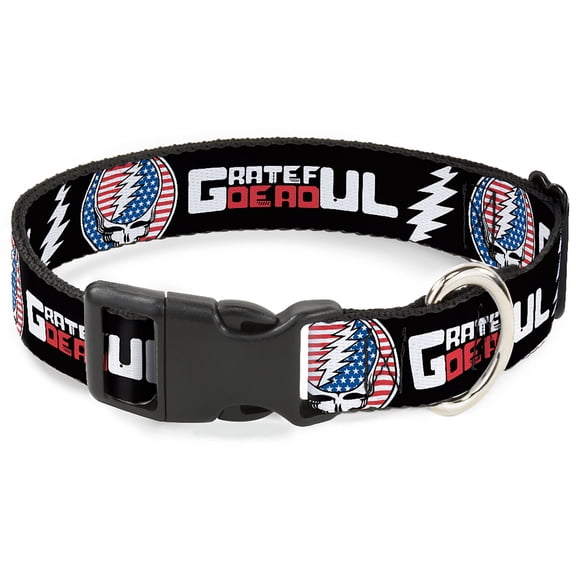 Grateful Dead Pet Collar, Dog Collar Plastic Buckle, Grateful Dead Text and Steal Your Face Stars and Stripes Logo, 15 to 24 Inches 1.0 Inch Wide