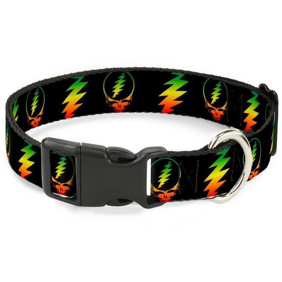 Grateful Dead Pet Collar, Dog Collar Plastic Buckle, Steal Your Face Lightning Bolt Repeat Black Rasta, 8.5 to 12 Inches 0.5 Inch Wide
