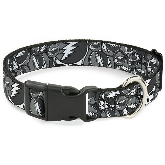 Grateful Dead Pet Collar, Dog Collar Plastic Buckle, Steal Your Face Stacked Gray, 8.5 to 12 Inches 0.5 Inch Wide