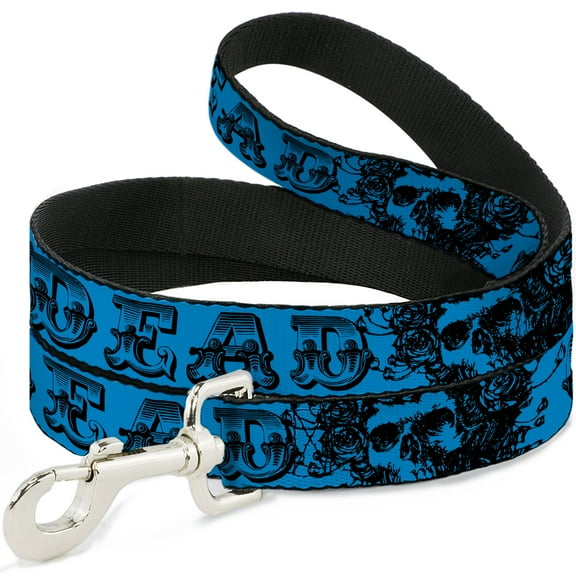 Grateful Dead Pet Leash, Dog Leash, Grateful Dead Text Skull Roses Turquoise, 4 Feet Long 1.0 Inch Wide