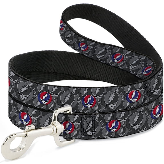 Grateful Dead Pet Leash, Dog Leash, Grateful Dead Text Skull and Roses Round Logo Black Yellow, 4 Feet Long 1.0 Inch Wide