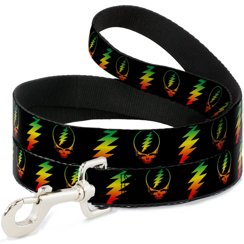 Grateful Dead Pet Leash, Dog Leash, Steal Your Face Lightning Bolt Repeat Black Rasta, 6 Feet Long 1.0 Inch Wide