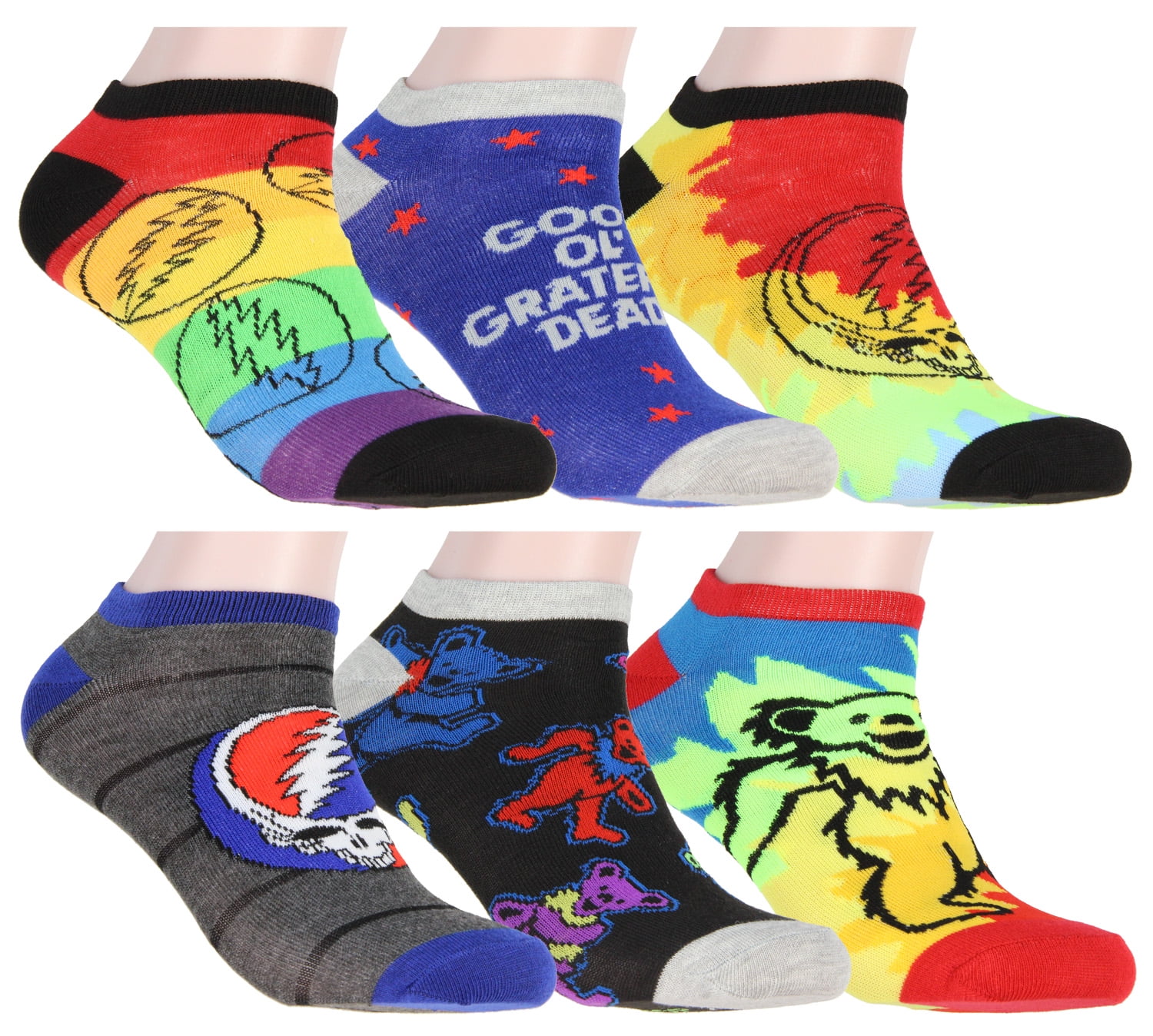 SEVEN TIMES SIX Grateful Dead Socks Adult Tie Dye Dancing Bears And Steal Your Face 6 Pack Ankle Socks