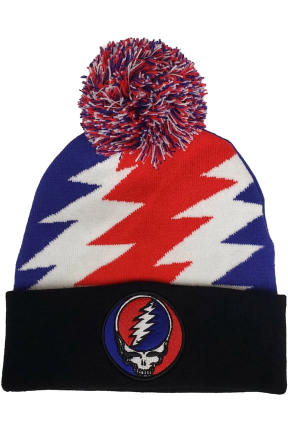 Grateful Dead - Steal Your Face Patch - Knit Pom Hat - Jacquard Lighting Bolt Red/White/Blue/Black BN25GFD265