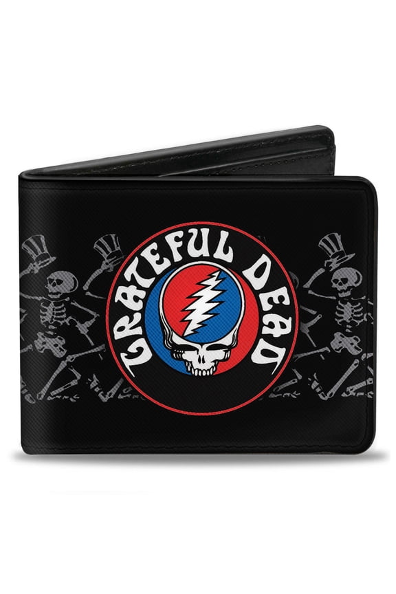 Grateful Dead Wallet, Bifold, Grateful Dead Steal Your Face Logo Dancing Skeletons Black, Vegan Leather