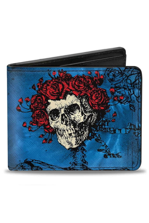 Grateful Dead Wallet, Bifold, Skull Roses Grateful Dead Roses Blues Black Red, Vegan Leather