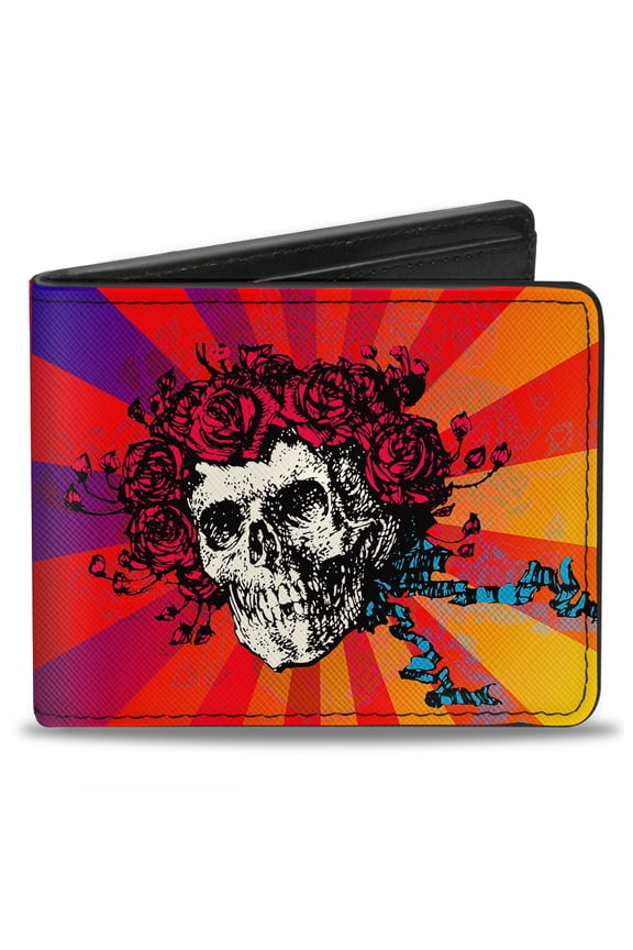 Grateful Dead Wallet, Bifold, Skull Roses Rays Ombre Orange Reds Blues, Vegan Leather