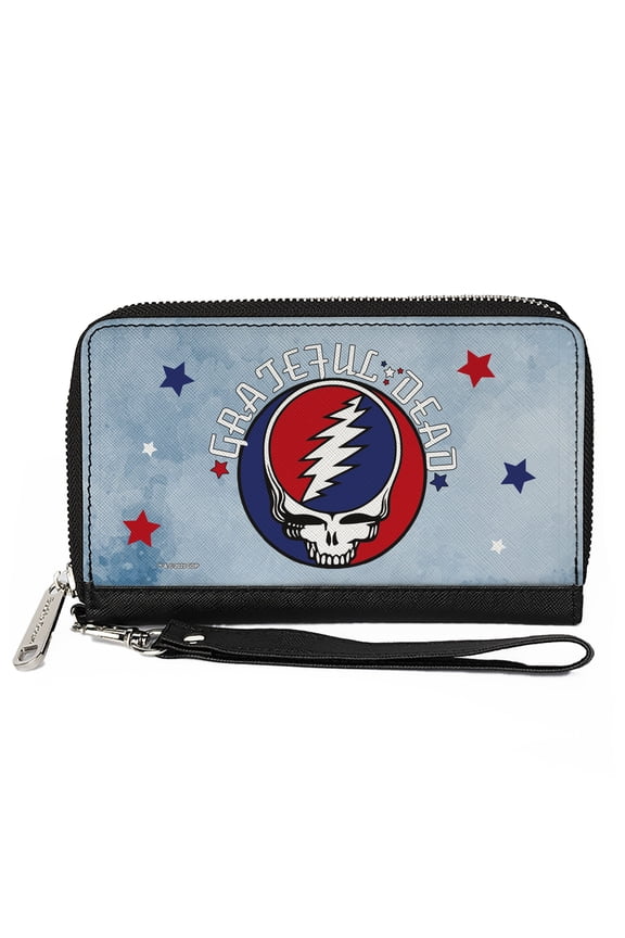 Grateful Dead Wallet, Zip Around, Grateful Dead Steal Your Face Logo Stars Blues White Red, Vegan Leather