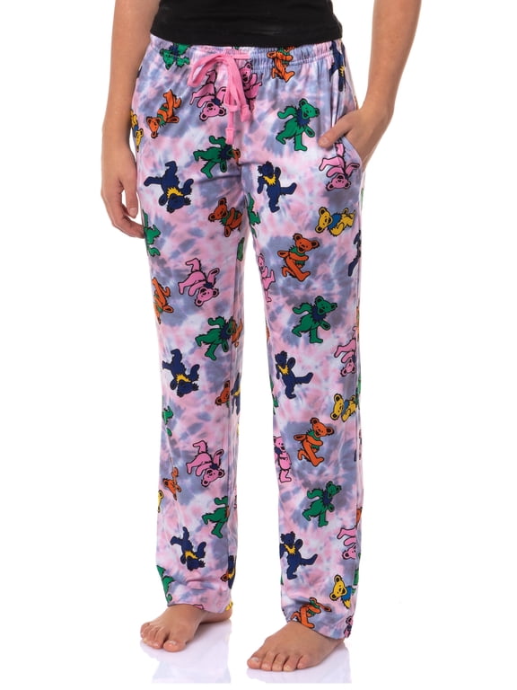 Grateful Dead Women's AOP Tie-Dye Dancing Bears Sleep Loungewear Pajama Pants Elastic Drawstring Waist and Side Pockets