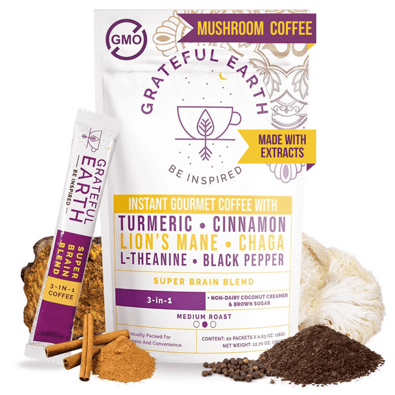 Grateful Earth Mushroom Coffee, Instant Coffee, Super Brain with Lion’s Mane & Chaga, 20 Packets
