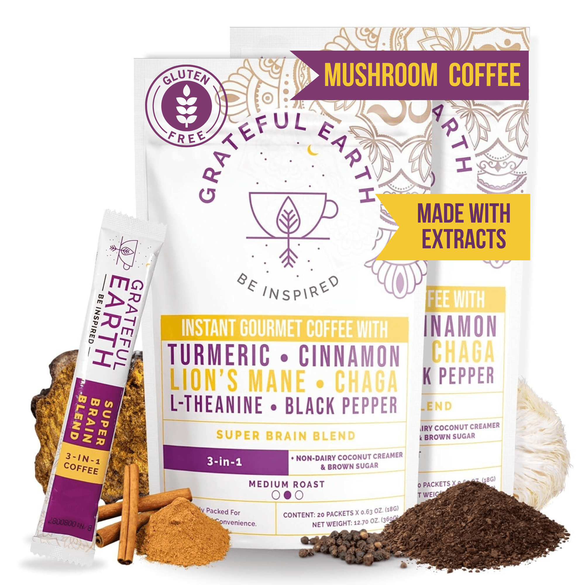 Grateful Earth Mushroom Coffee, Instant Coffee, Super Brain with Lions Mane & Chaga, 40 Packets
