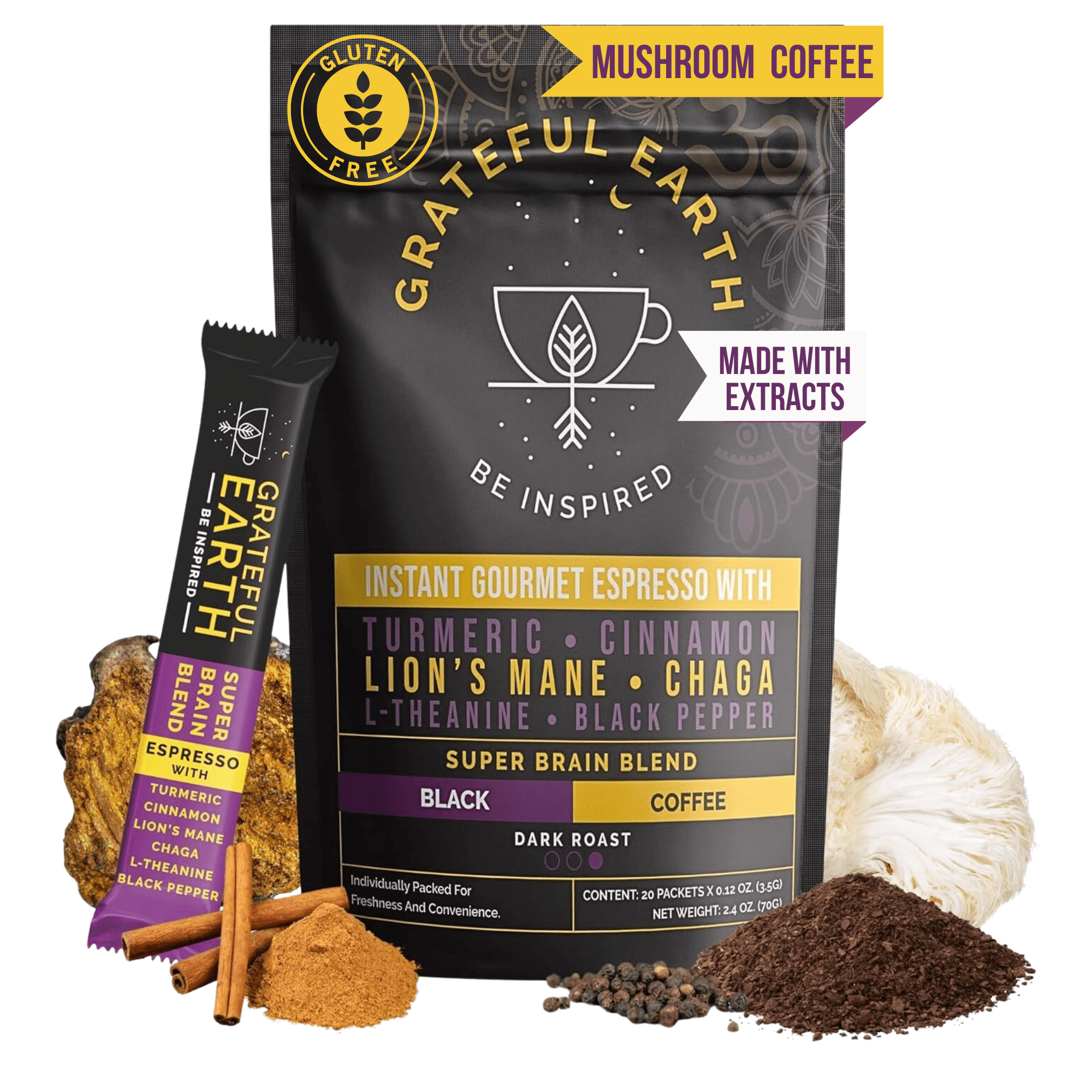 Grateful Earth Mushroom Coffee, Instant Espresso Dark Roast with Lion’s Mane & Chaga, 20 Packets