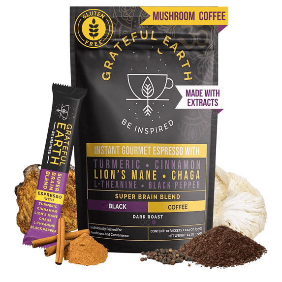Grateful Earth Mushroom Coffee, Instant Espresso Dark Roast with Lion’s Mane & Chaga, 20 Packets