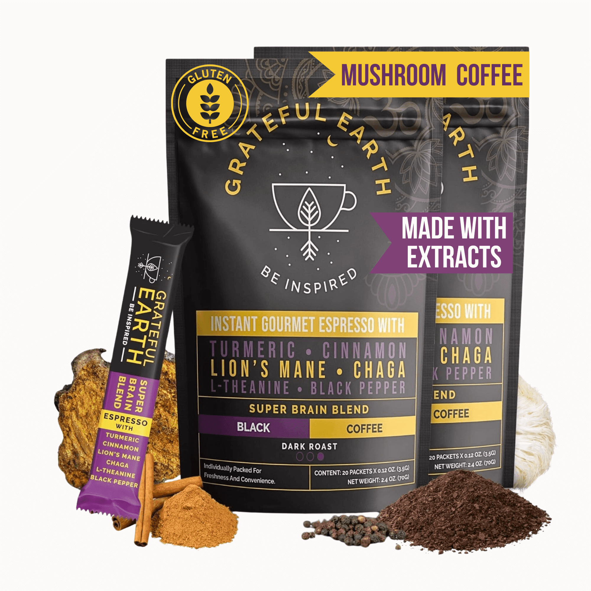Grateful Earth Mushroom Coffee, Instant Espresso Dark Roast with Lion’s Mane & Chaga, 40 Packets