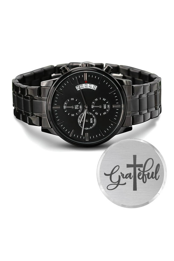 Grateful Engraved Bible Verse Men's Watch Multifunction Stainless Steel W Copper Dial